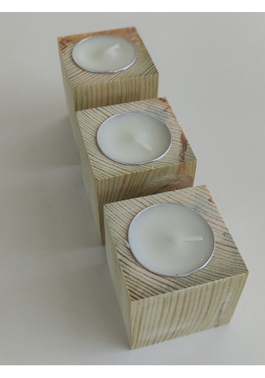 Doğal Ahşap Küp Mumluk 5 X 5 Cm 3 Lü Set Mum Dahil