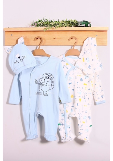 Babydonat Mini Jungle Aslan Desenli Erkek Bebek 4'lü Tulum Setiii Mavi