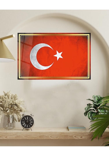 Bayrak Cam Tablo Modern Ofis Makam Odası Hediyelik Büyük Tablo Duvar Dekoru