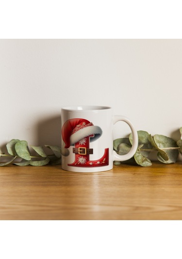 L Harfi Yılbaşı Temalı Bardak 330 Ml Harfli Kişiye Özel Hediye - Yeniyıl / Noel Şapka Tasarım Beyaz