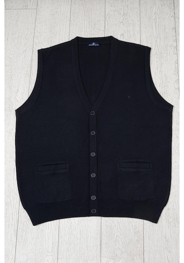 Cepli V Yaka Battal Büyük Boy Düğmeli Yünlü Triko Yelek Lacivert