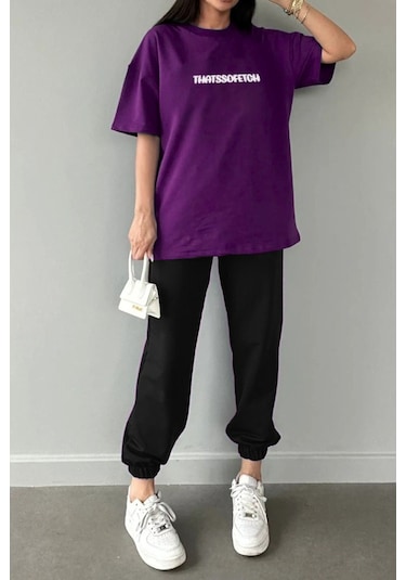 Thatssofetch Mor T-shirt Siyah Eşofman Altı Jogger - Baskılı Alt Üst Takım Bisiklet Yaka Mor Siyah