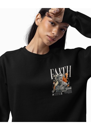 Baskılı Unisex, Sıfır Yaka Regular Sweatshirt Siyah