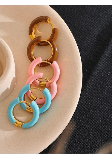 Pembe Eetit 20mm Şeker Renk Mavi Pembe Kahverengi Emaye Paslanmaz Çelik Içi Boş Hoop Küpeler Altın Basit Trendy Y2k Tatlı Takı Hediye Çok Renkli