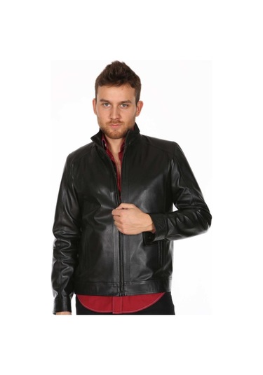Hakiki Kuzu Derisi Siyah Fermuarlı Casual Erkek Deri Ceket Siyah