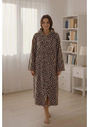 Serona Wellsoft Peluş Kapüşonlu Uzun Panço Yumuşak Dokulu Giyilebilir Tv Battaniyesi Leopar S/m Leopar