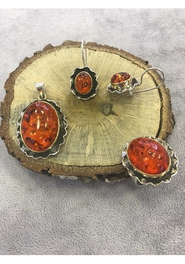 Kehribar Taşlı Gümüş Set 925 Ayar (372671266)