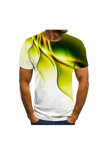 Sarı Yeni Yaz Erkek Moda Tişört Kişilik Renk Yıldırım Baskılı Erkek Tişört Üst Sarı
