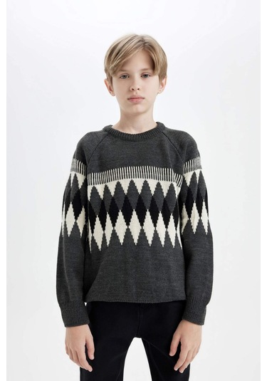 DeFacto Erkek Çocuk Bisiklet Yaka Baklava Desenli Triko Kazak C3138A824CWGR228