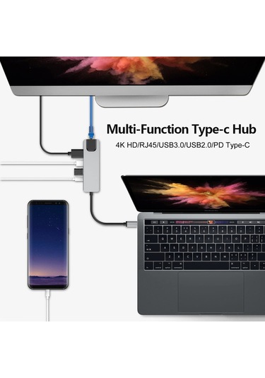 Maiyame Usb-c 5-in-1 Genişletme Dökümü - Hdmı 4k, Usb3.0, Usb2.0, Rj45 Ethernet, 87w Pd Şarj - Uzay Gri