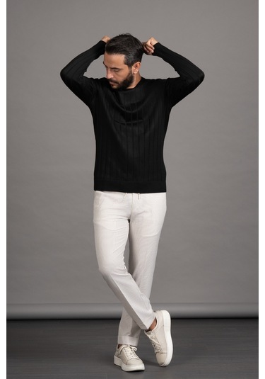 Sıfır Yaka Kendinden Çizgili Likralı Akrilik Mevsimlik Kazak Siyah