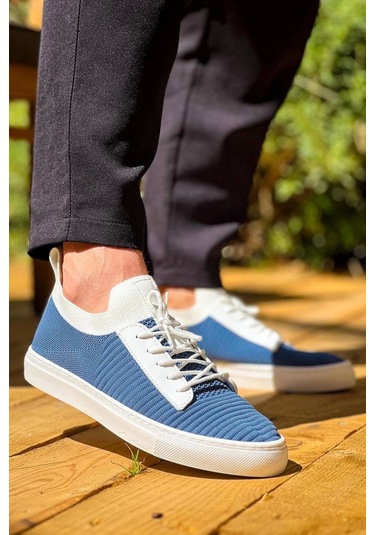 Mavi Triko Yüksek Taban Bağcıklı Günlük Erkek Ayakkabısı Mavi