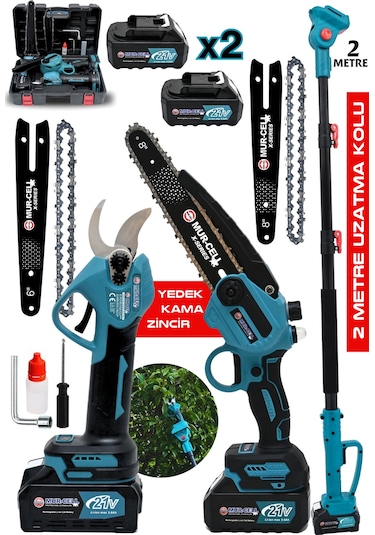 Mur-9106 Şarjlı Dal Budama Testere - Makas 3'lü Set Teleskobik Uzatma Kolu