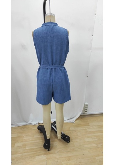 Simala Kadın Sıfır Kollu Yakalı Düğmeli Belden Kuşaklı Kısa Keten Tulum Mavi