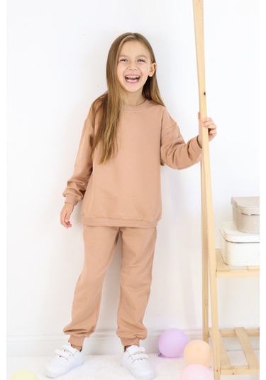 Kız Çocuk İki İplik Basic Eşofman Takımı Kahverengi