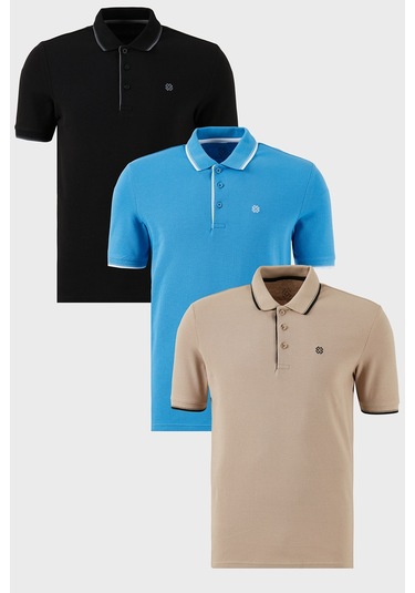 Buratti Pamuklu Slim Fit Şerit Detaylı Düğmeli Polo Yaka 3'Lü Paket Erkek T Shirt 5902118S3 Siyah-Vizon-Koyu Mavi