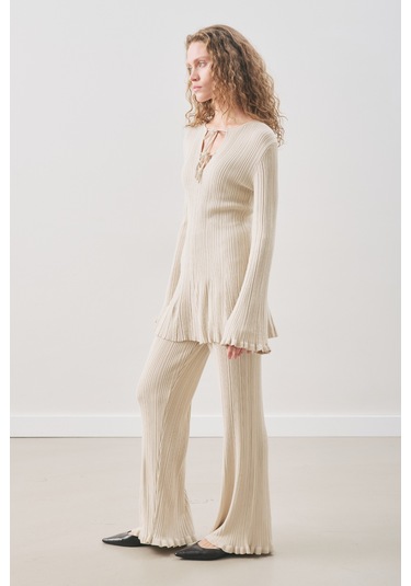 Volanlı Lastik Örgü Tunik Bej Bej