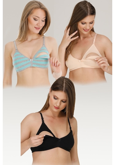 Parlingerie 3lü Emzirme Sütyeni Siyah-ten-mint Çizgili