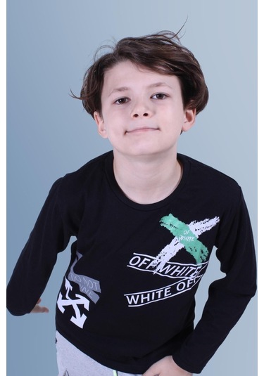X Baskılı Uzun Kollu Erkek Çocuk Siyah Sweatshirt Siyah