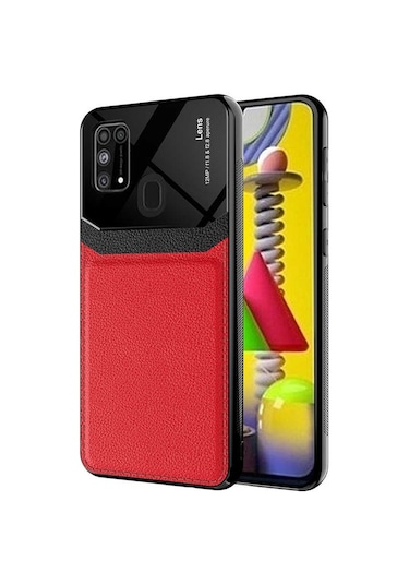 Kilifone - Samsung Uyumlu Galaxy M31 - Kılıf Deri Görünümlü Parlak Mika Tasarımlı Emiks Kapak - Kırmızı