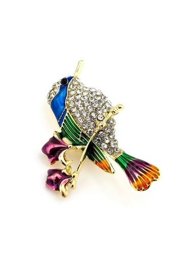 Solfera Gül Dalındaki Bülbül Renkli Kuş Zirkon Taşlı Yaka İğnesi Broş Rz194