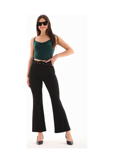 Kemerli Fermuarlı Yanlardan Cepli Geniş Paça Dabıl Kumaş Siyah