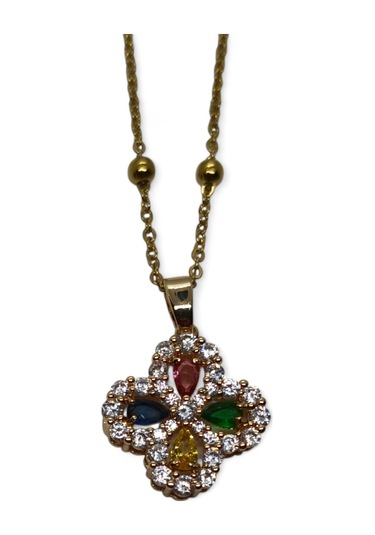Altın Renk Mix Taşlı Yonca Model Top Zincir Çelik Kolye - 3683 Çok Renkli