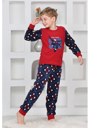 Yeni Sezon Sonbahar/kış Erkek Çocuk Skate 8 Desenli Polar Pijama Takımı 4536-kırmızı Kırmızı