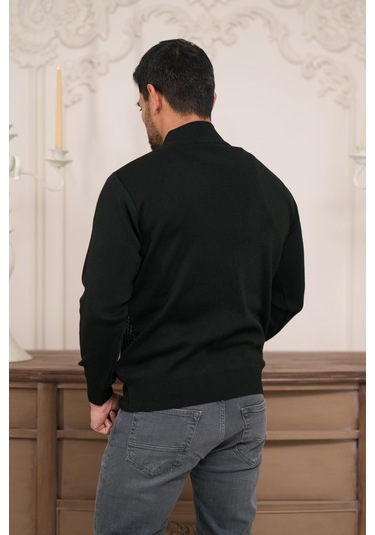 Woolen World Balıkçı Yaka Desenli Yünlü Erkek Triko Kazak Siyah