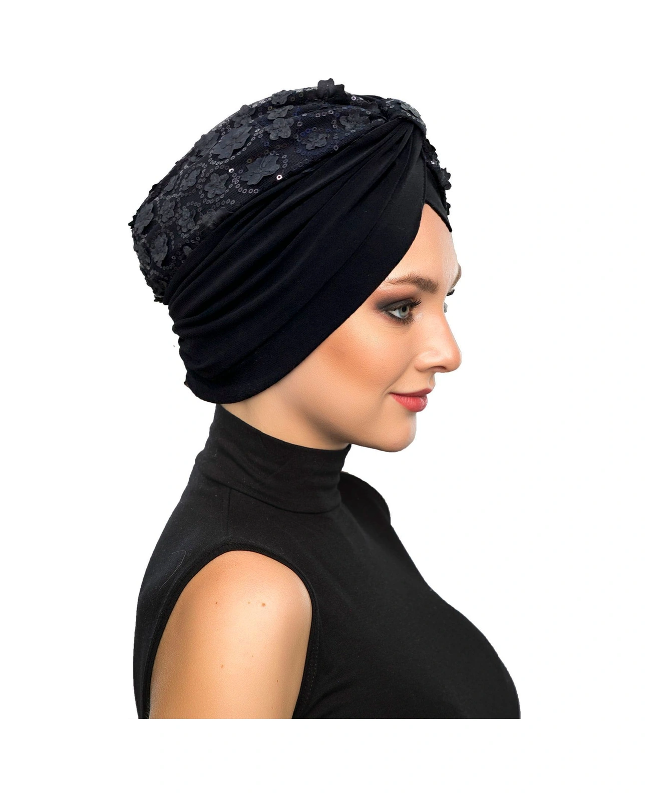 Özel Tasarım Siyah Pullu-dantel Çiçek Motifli Astarlı Hazır Türban Tesettür Abiye Bone Siyah26