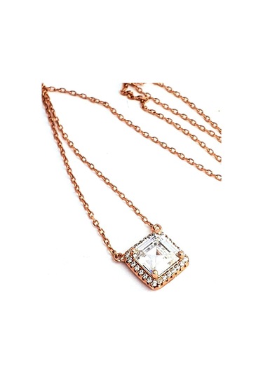 Baget Swarovski Taşlı 925Ayar Gümüş Rose Kare Tek Taş Kolye