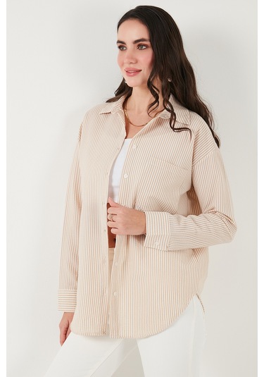 Lela Regular Fit Uzun Kollu Cepli Çizgili Bayan Gömlek 6772895 Taş