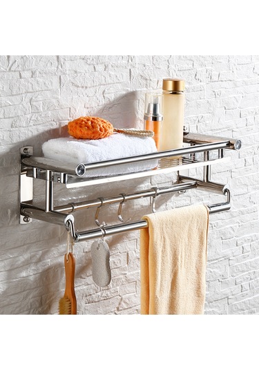 Teltree Paslanmaz Çelik 4 Kancalı Çift Katlı Havlu Askısı - 60cm Delme Aksesuarlı Gümüş