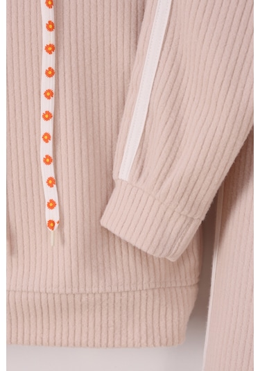 Monox Kız Çocuk Çiçek Baskılı İpli Şeritli Pantolon Fitilli Polar Takım Bej