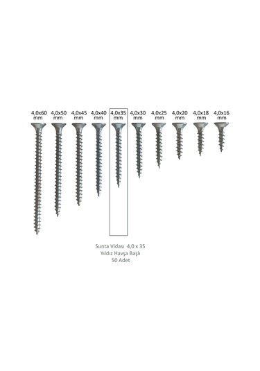 Sunta Vidası, 4,0 X 35 Mm, 50 Adet, Yhb Vida 4 x 35