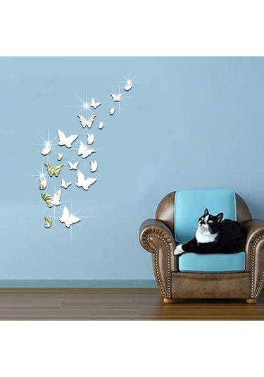 Aubyhe 20 Adet Gümüş Akrilik Kelebek Yansımalı Duvar Stickerı - Ev Dekorasyonu Dıy Çocuk Odası/banyo/uyku Odası Uygun