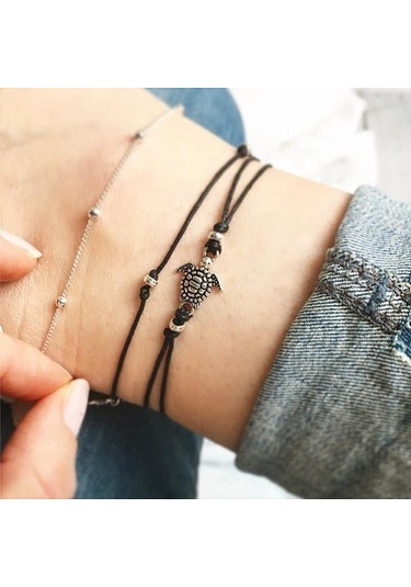 Siyah Bohemian Retro Kaplumbağa Kolye Halhal Bilezikler İşi Dokuma Deri Trendy Bilezik Halhal Siyah
