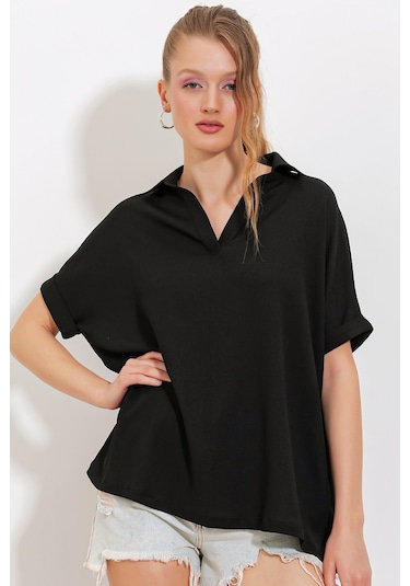 Bigdart Kadın Siyah Oversize Polo Yaka Örme Bluz 0486 001