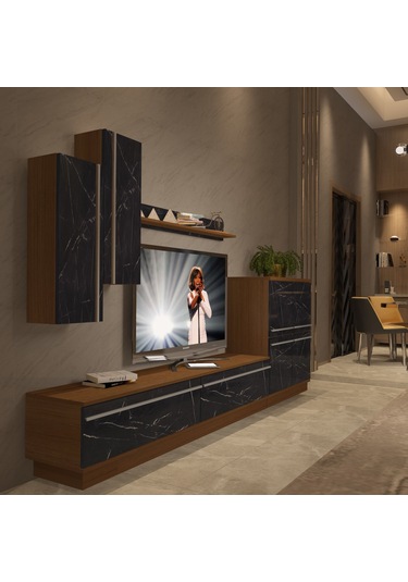Decoraktiv Eko 6b Mdf Std Tv Ünitesi Tv Sehpası Ceviz - Siyah Mermer