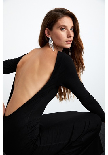 Krızıa Kadın Viskon Likralı Sırt Dekolteli Eteği Geniş Maxi Siyah Elbise