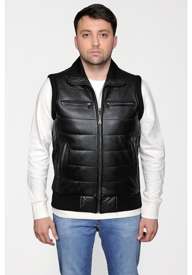 Derije Max Hakiki Deri Erkek Siyah Triko Detaylı Şişme Yelek