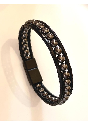 Hematit-doğal Deri Ve Çelik Erkek Bileklik Net 21cm Türk Üretim