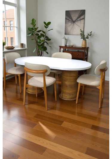 Bohem İskandinav Masa Sandalye Takımı 4 Adet Polo Sandalye Mdf Beyaz Oval Masa Modern Şık Kahverengi