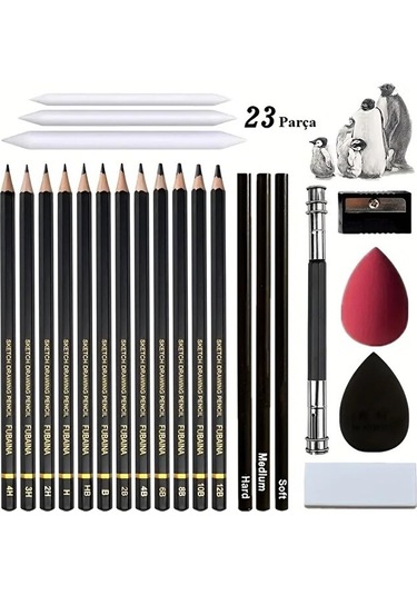 Kara Kalem Çizim Seti, Eskiz Kalem Seti, Dereceli Kalem Set, Kömür Kalem-kutulu 23 Parça