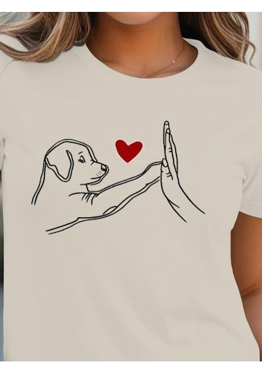 Sensuelle Kadın Kısa Kollu Bisiklet Yaka Köpek Baskılı Viskon Bluz Beyaz