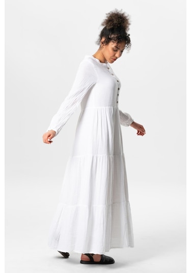 Uzun Kol Akay Uzun Düğme Detay Yazlık Müslin Elbise Beyaz Byz-beyaz Beyaz