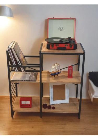 Plak Standı Metal Gövdeli Ahşap Raflı Pilak Köşesi Dresuar Siyah