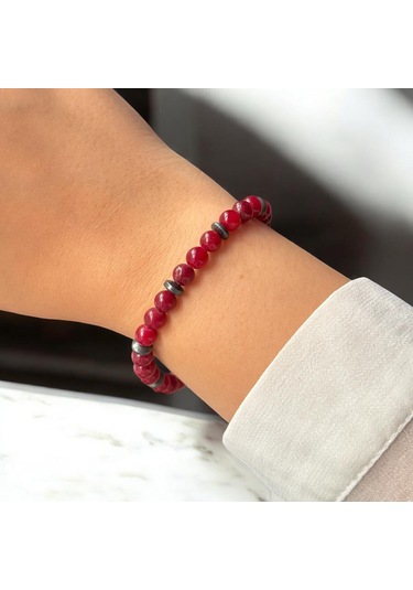Kırmızı Sanat Evi Mini Akik Bordo Sıralı Doğal Taş Bileklik