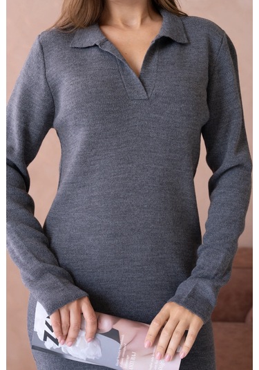 Kadın Polo Yaka Yamuşak Dokulu Maksi Boy Triko Elbise Antrasit