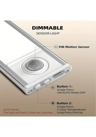 Dashanshop Aiwellkay 2li İnce Alüminyum Dolap Altı Hareket Sensörlü 3 Renk Sıcaklığı Ayarlanabilir Usb Şarjlı Manyetik Başlık Silvery 40cm Gümüş Rengi